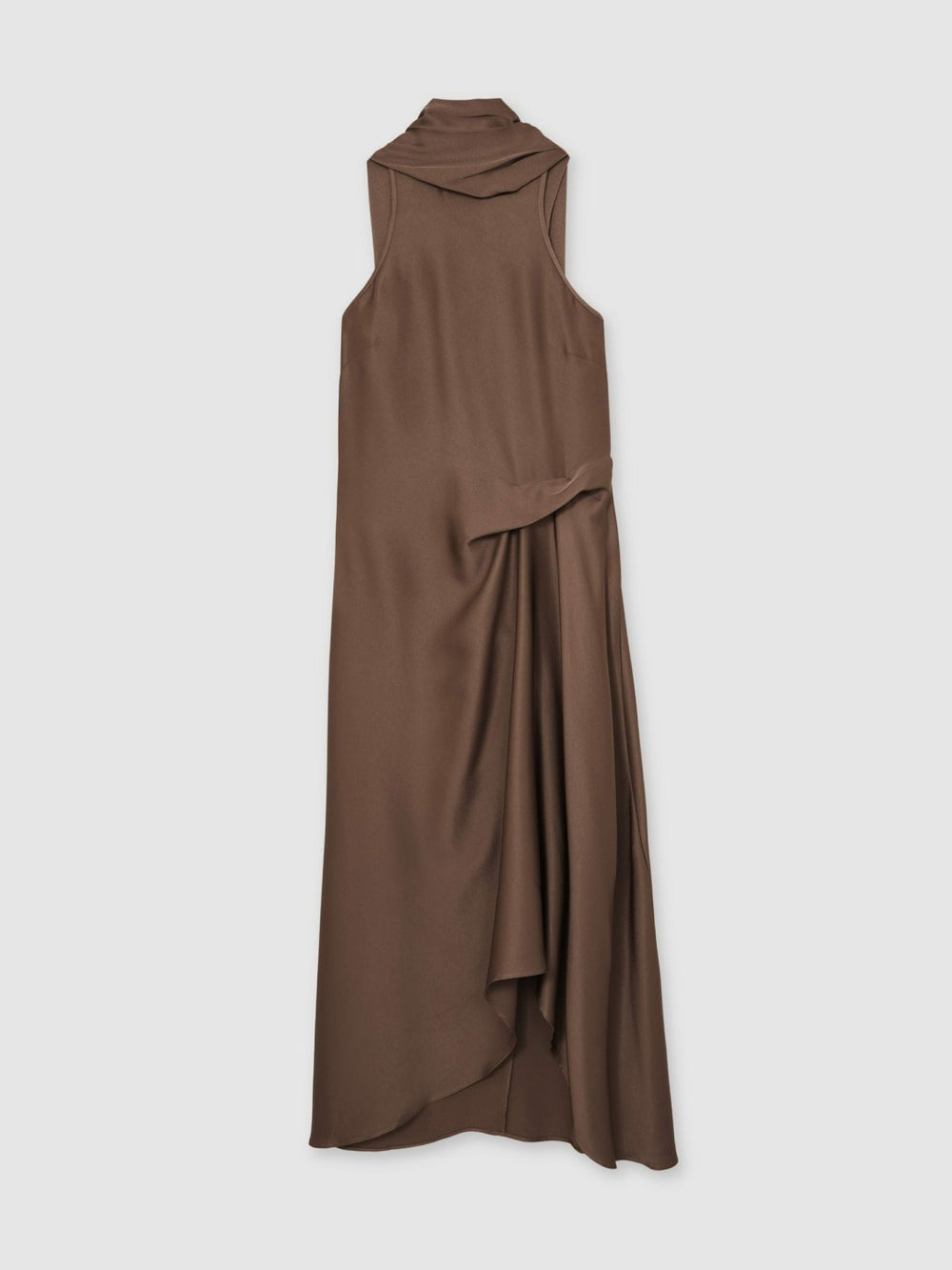 Satin Tuck-Detail Cape Midi Dress in Taupe Brown