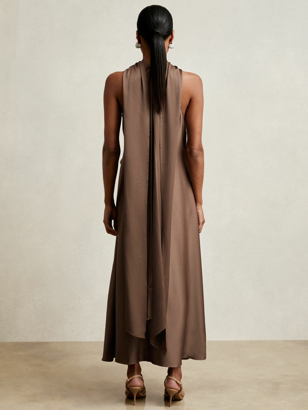 Satin Tuck-Detail Cape Midi Dress in Taupe Brown