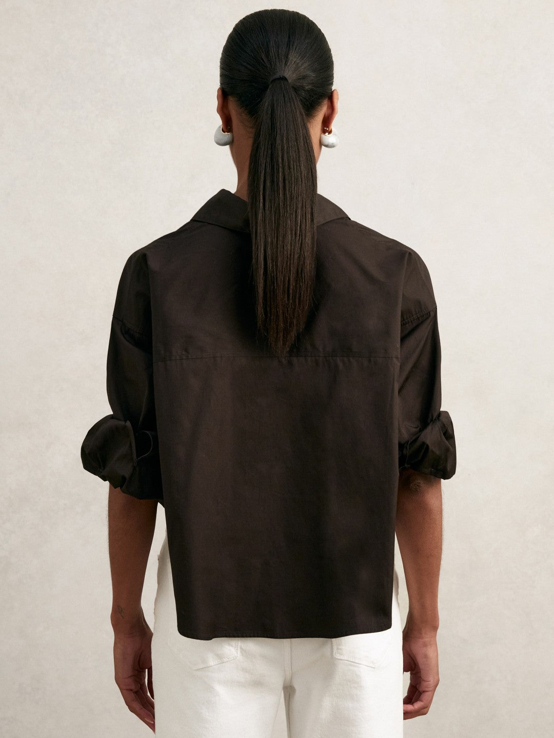 Oversize Cotton Cropped Shirt in Chocolate Brown