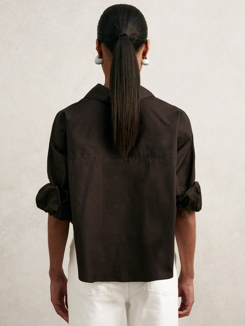 Oversize Cotton Cropped Shirt in Chocolate Brown