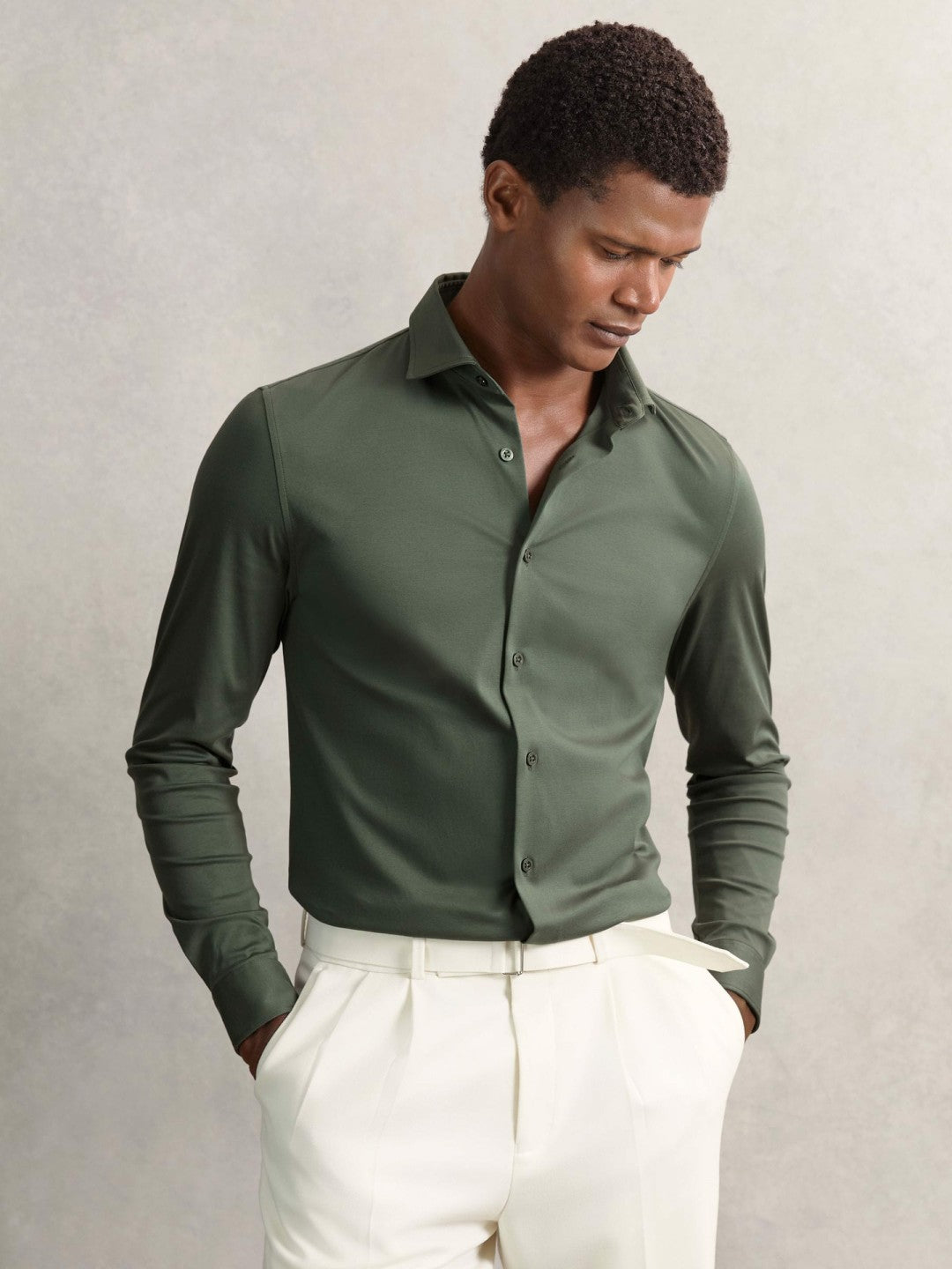 Cotton-Jersey Button-Through Shirt in Kale Green