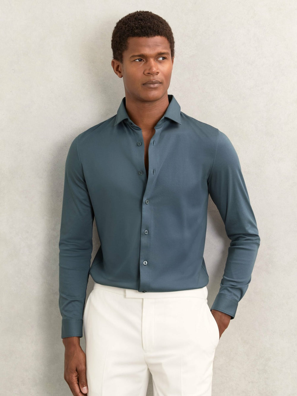 Cotton-Jersey Button-Through Shirt in Airforce Blue