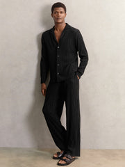 Plissé Cuban-Collar Long-Sleeve Shirt in Black