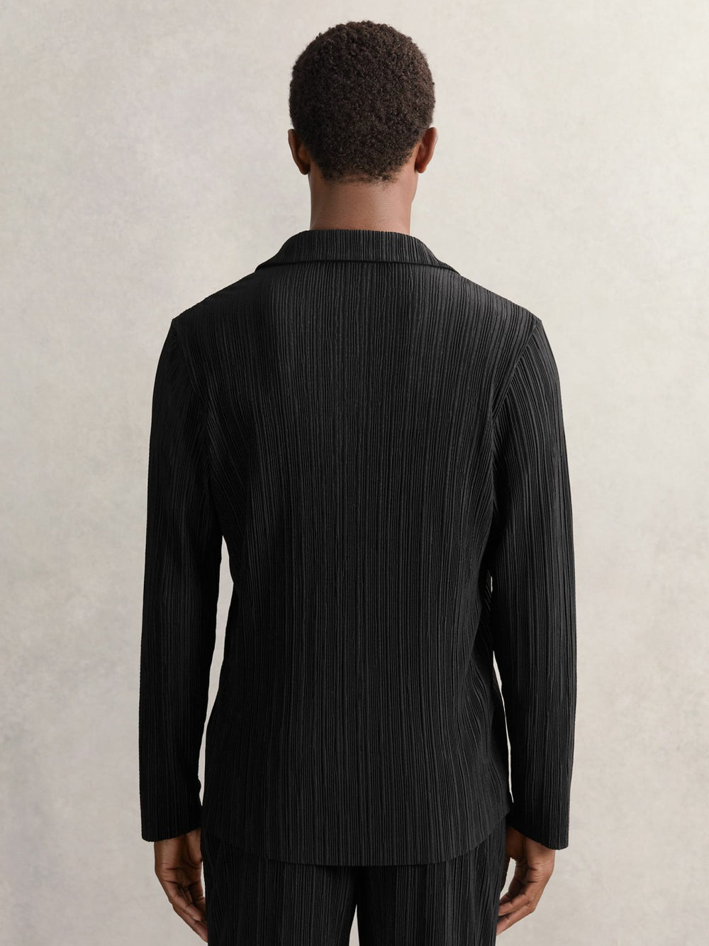 Plissé Cuban-Collar Long-Sleeve Shirt in Black
