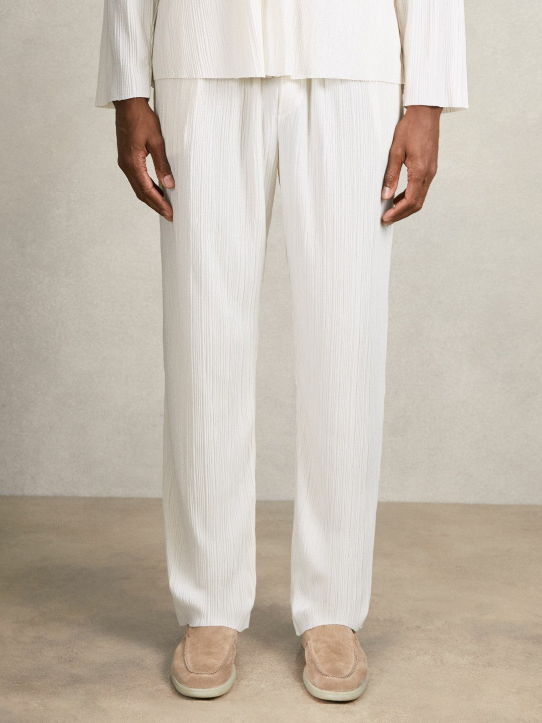 Plissé Wide Leg Trousers in Off White