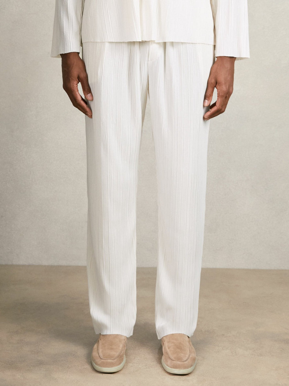 Plissé Wide Leg Trousers in Off White