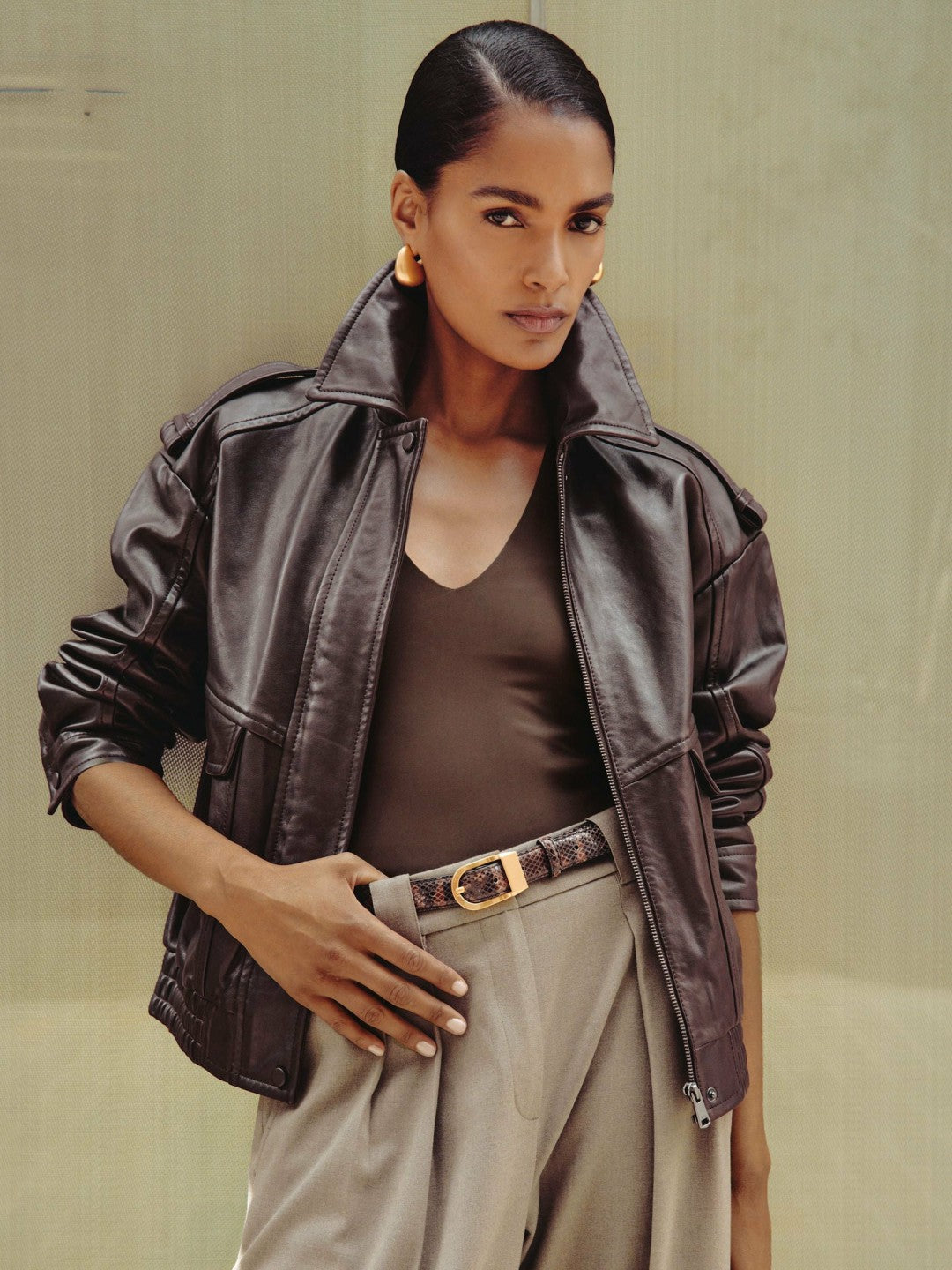 Oversized Leather Jacket in Aubergine