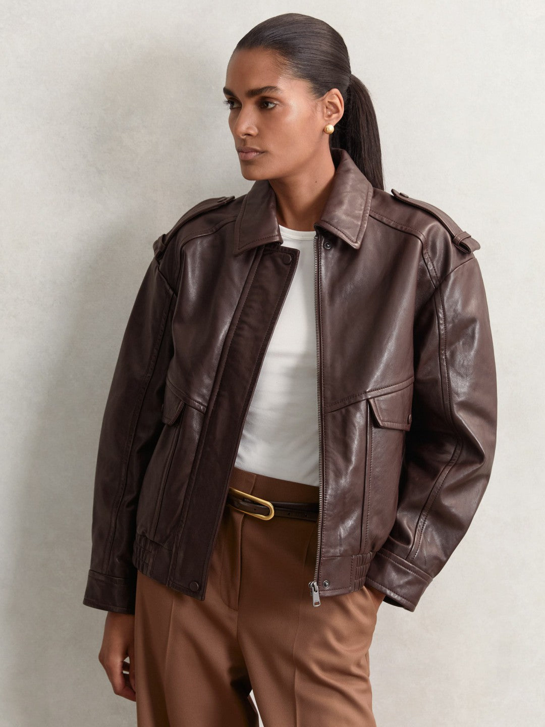 Oversized Leather Jacket in Aubergine