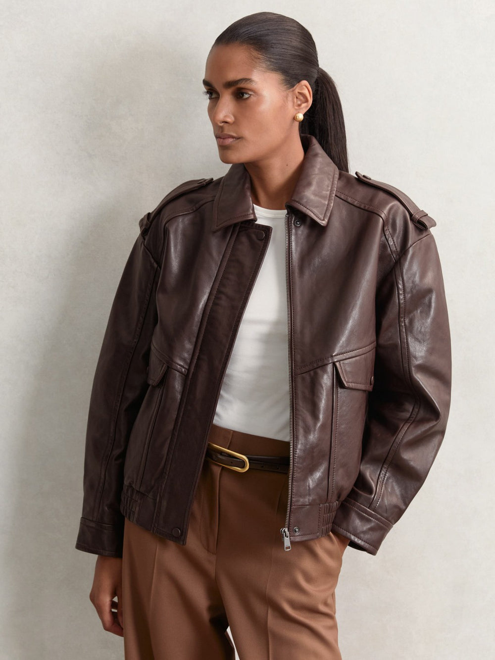 Oversized Leather Jacket in Aubergine