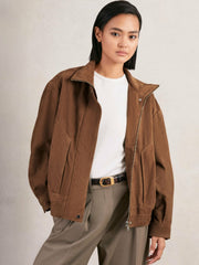 Suede Funnel-Neck Bomber Jacket in Tan