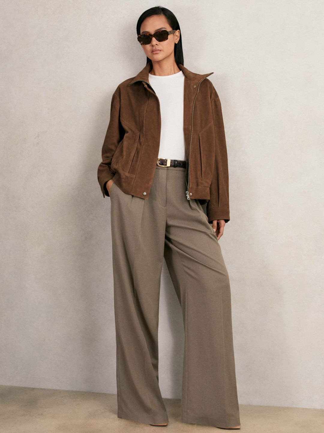 Suede Funnel-Neck Bomber Jacket in Tan