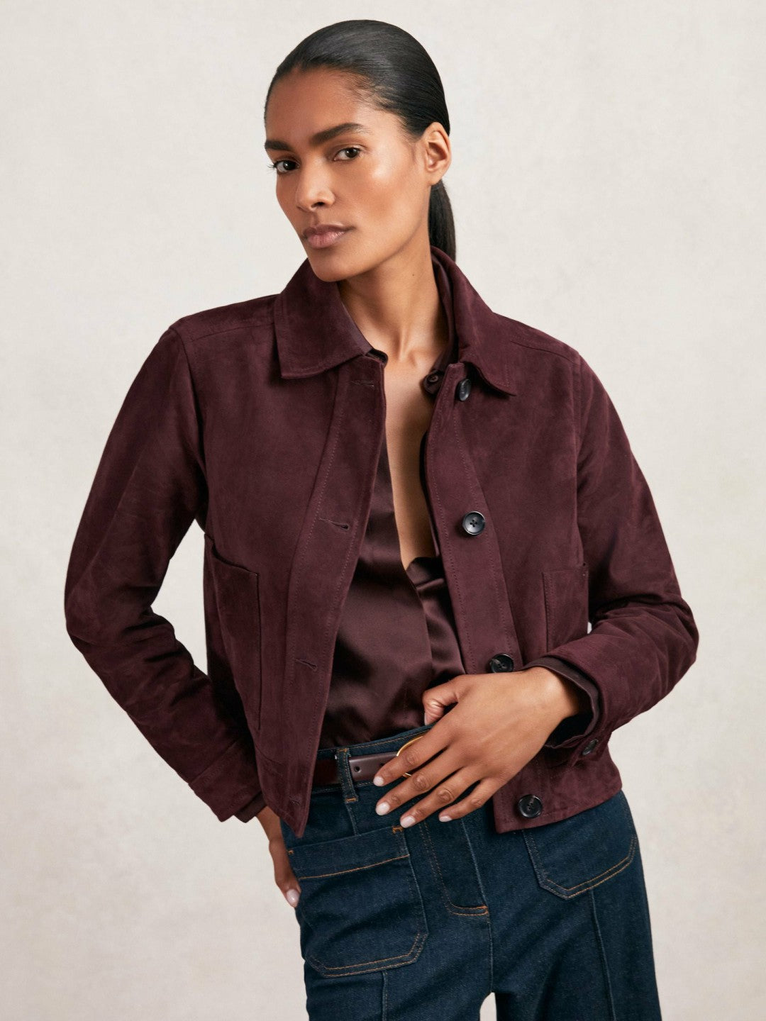 Suede Button Through Jacket in Burgundy