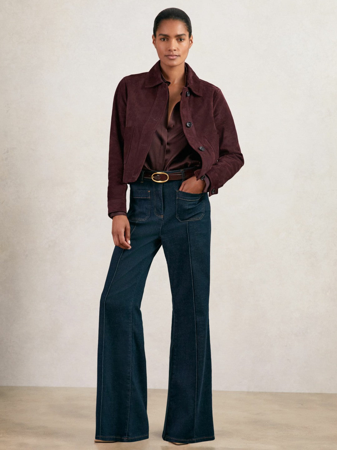 Suede Button Through Jacket in Burgundy