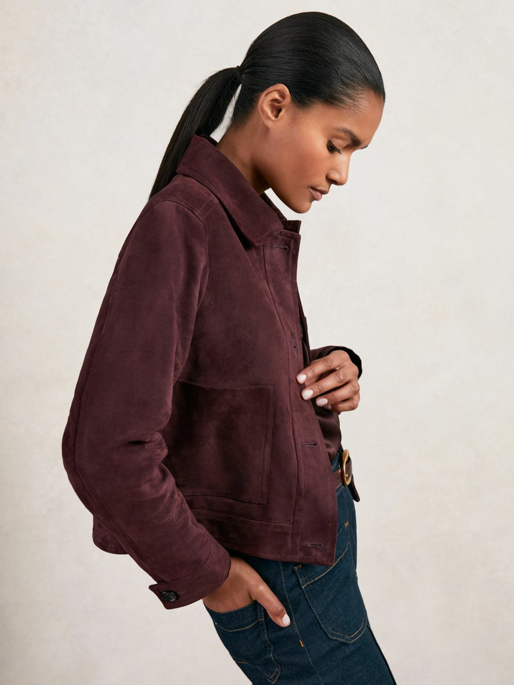 Suede Button Through Jacket in Burgundy