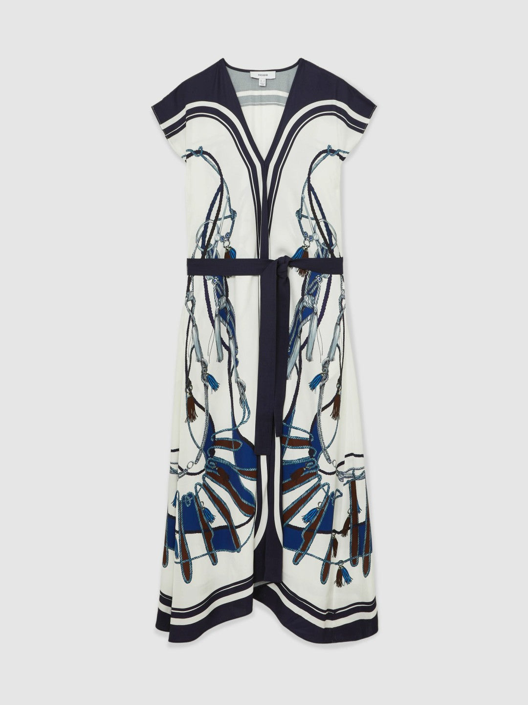 Scarf-Print V-Neck Belted Midi Dress in Blue/Brown