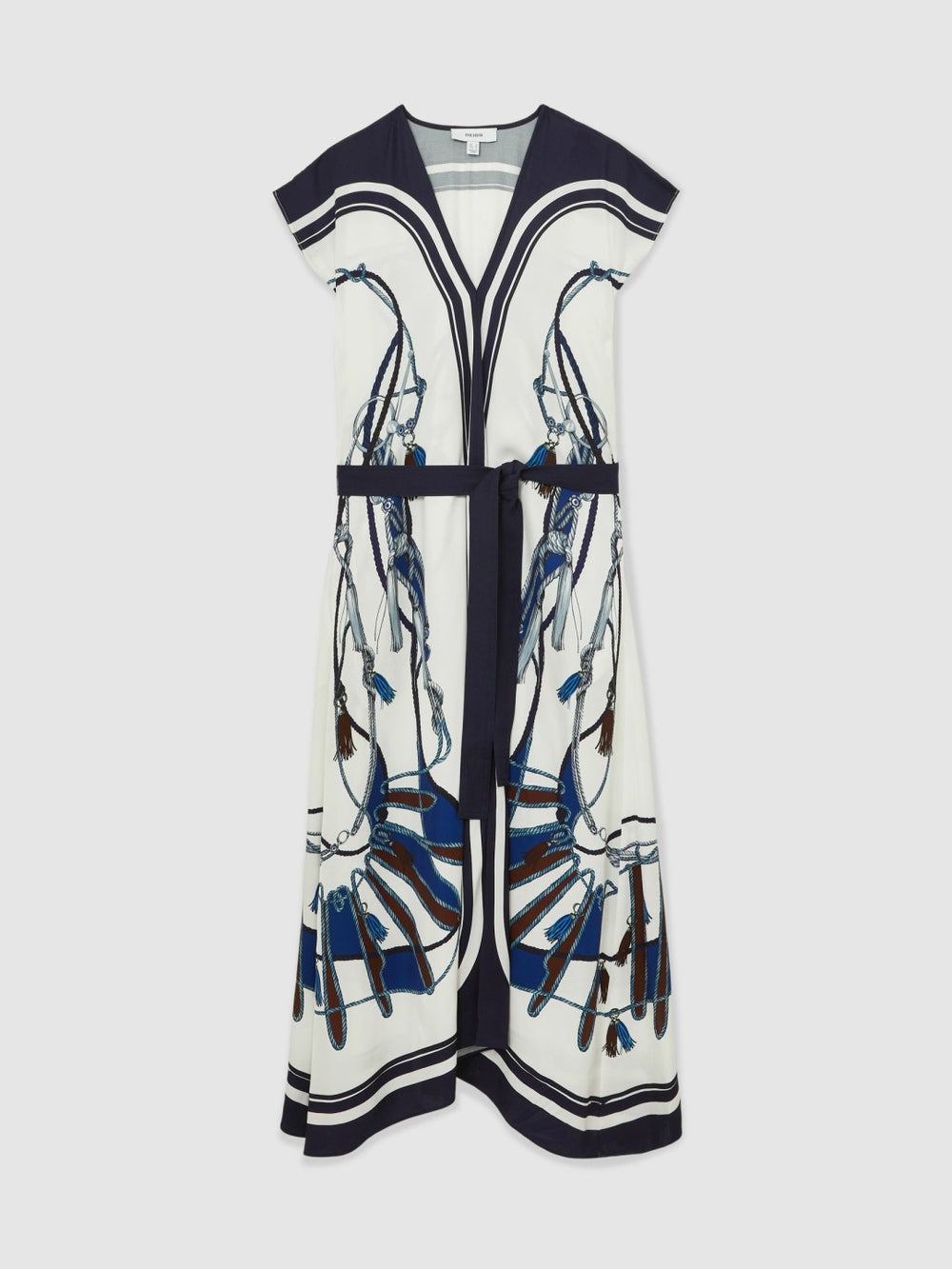 Scarf-Print V-Neck Belted Midi Dress in Blue/Brown