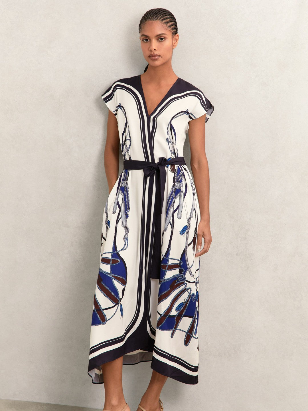 Scarf-Print V-Neck Belted Midi Dress in Blue/Brown