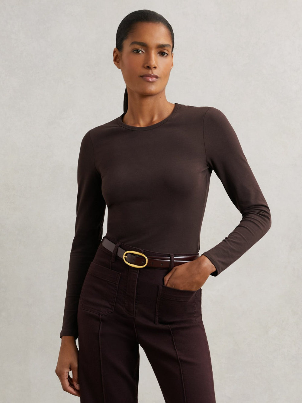 Cotton Crew-Neck Long-Sleeve T-Shirt With Stretch in Plum Purple