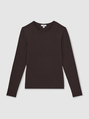 Cotton Crew-Neck Long-Sleeve T-Shirt With Stretch in Plum Purple