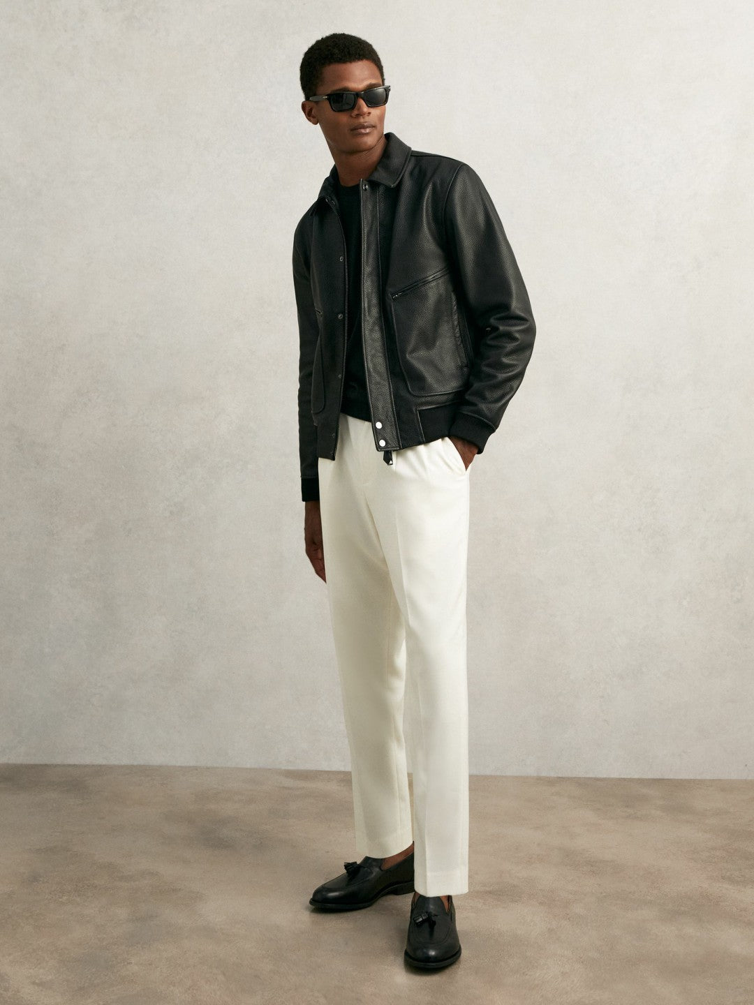 Grained Leather Zip Through Jacket in Black