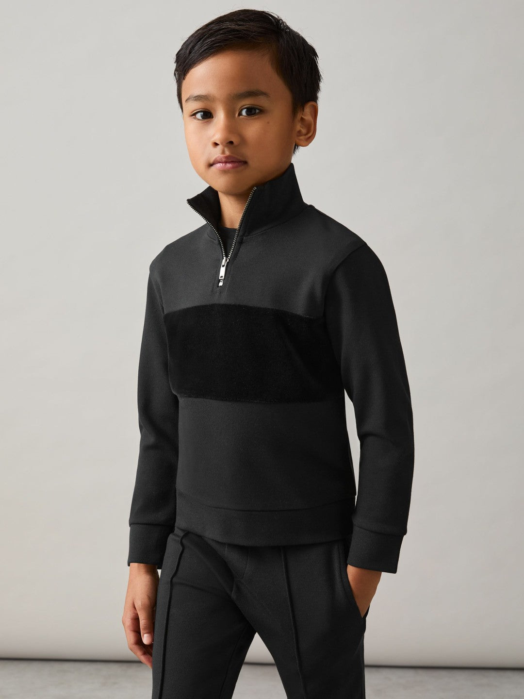 9-13 yrs Interlock Velour-Panel Zip Sweatshirt in Black