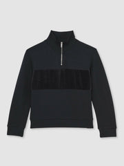 9-13 yrs Slim Fit Half-Zip Funnel Neck Velour Sweatshirt in Navy Blue