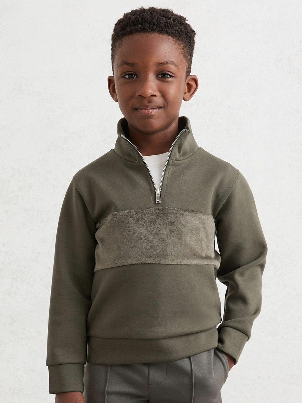 3-9 yrs Slim Fit Half-Zip Funnel Neck Velour Sweatshirt in Dark Sage Green