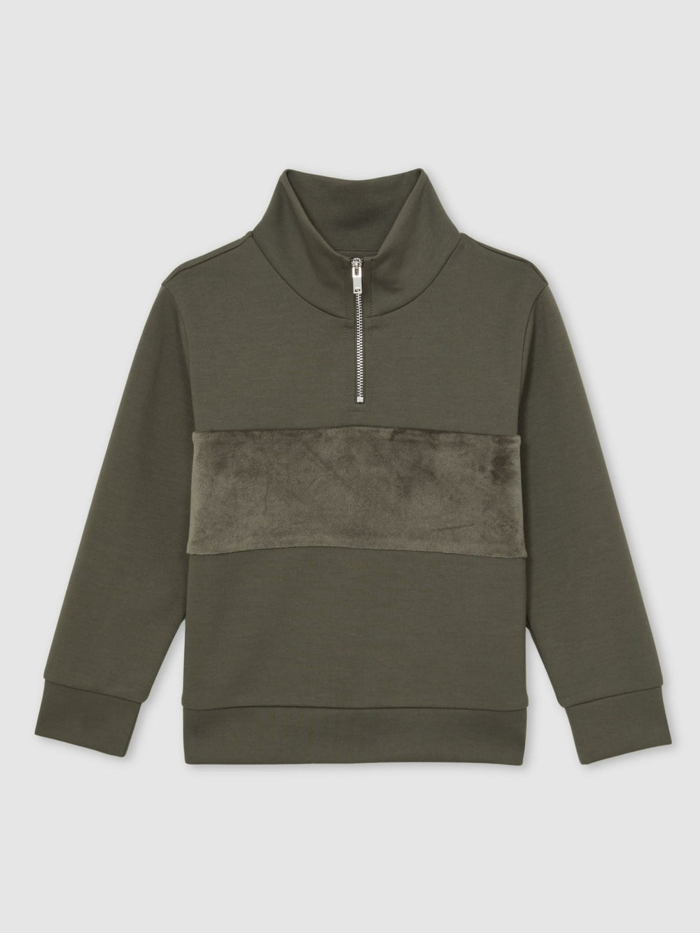 3-9 yrs Slim Fit Half-Zip Funnel Neck Velour Sweatshirt in Dark Sage Green
