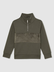 3-9 yrs Slim Fit Half-Zip Funnel Neck Velour Sweatshirt in Dark Sage Green