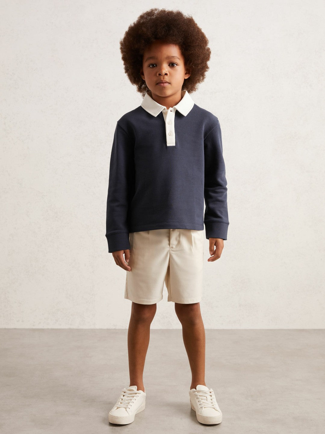 Cotton Half-Button Rugby Polo Shirt in Navy/White