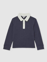 Cotton Half-Button Rugby Polo Shirt in Navy/White