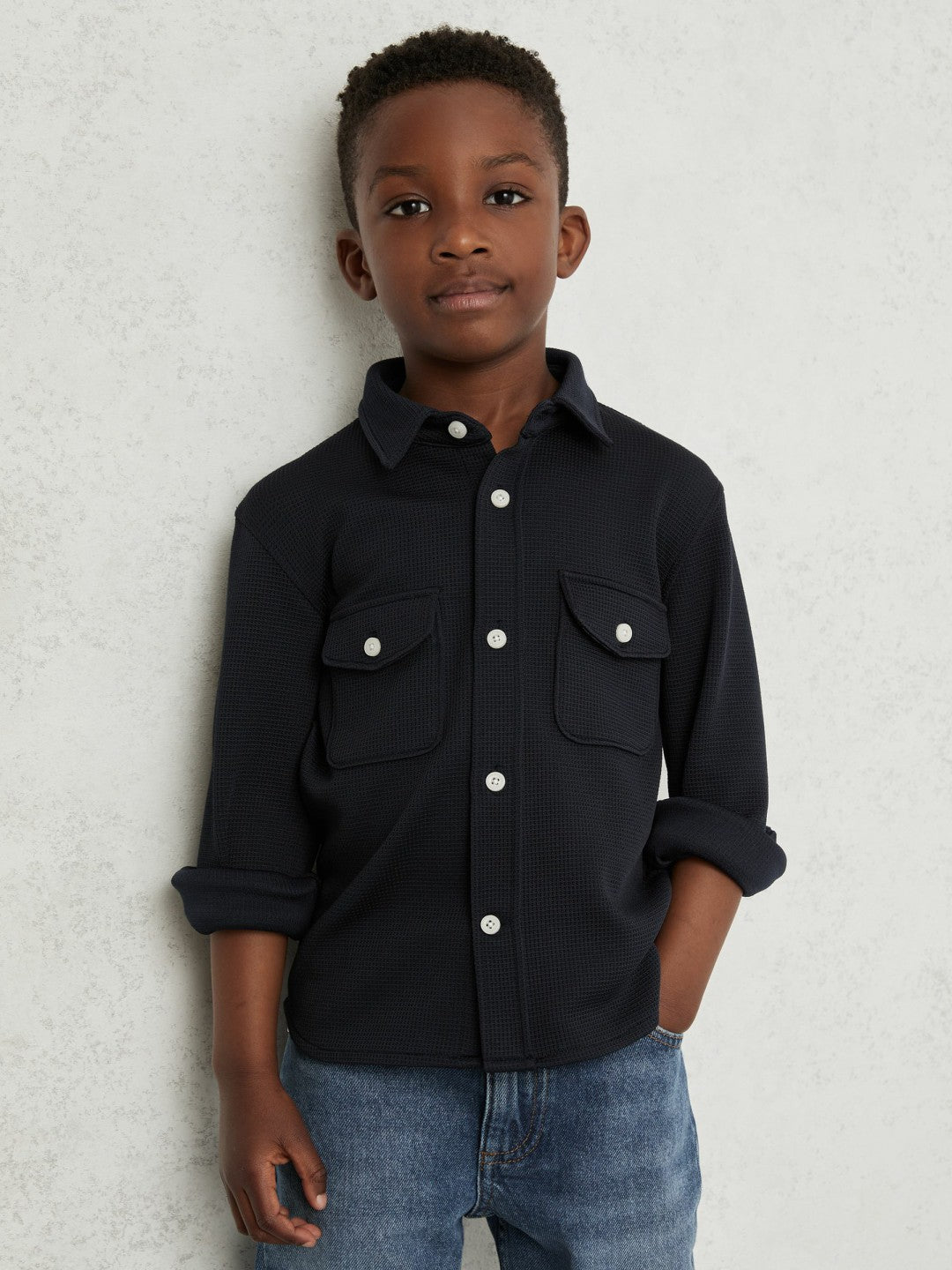3-9 yrs Waffle-Textured Twin-Pocket Overshirt in Navy
