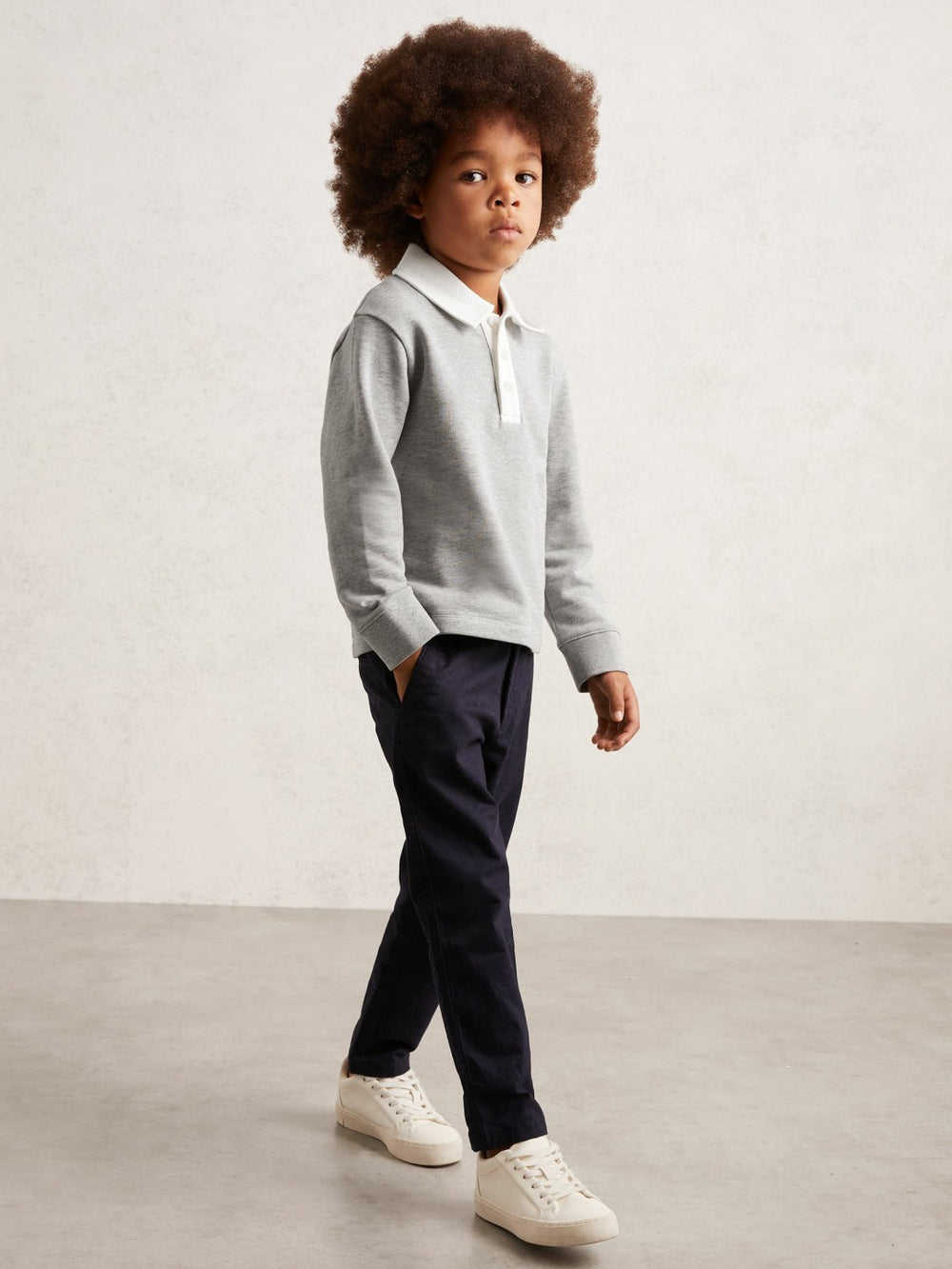 Cotton Half Button Rugby Polo Shirt in Grey Marl/White