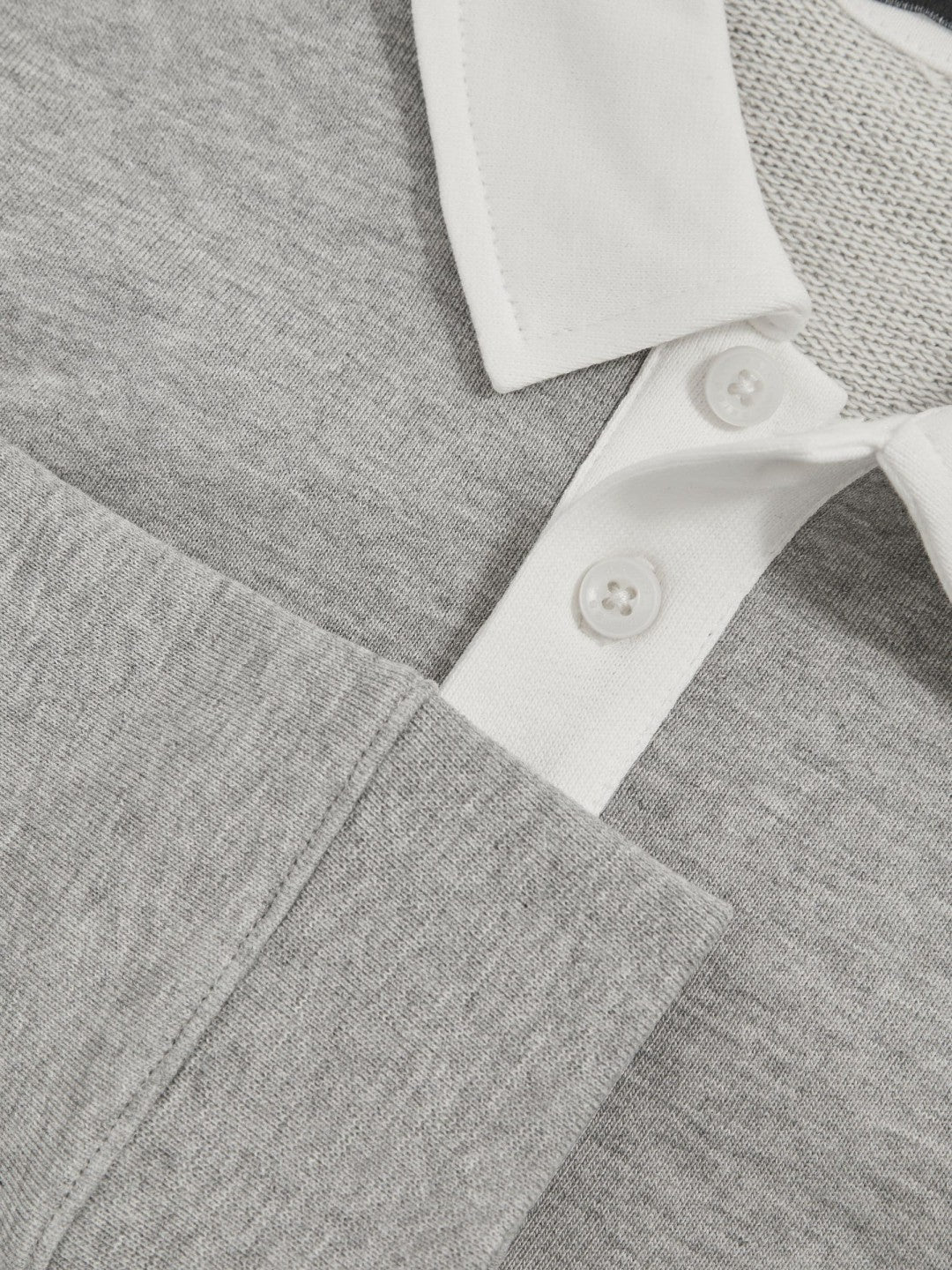 Cotton Half Button Rugby Polo Shirt in Grey Marl/White