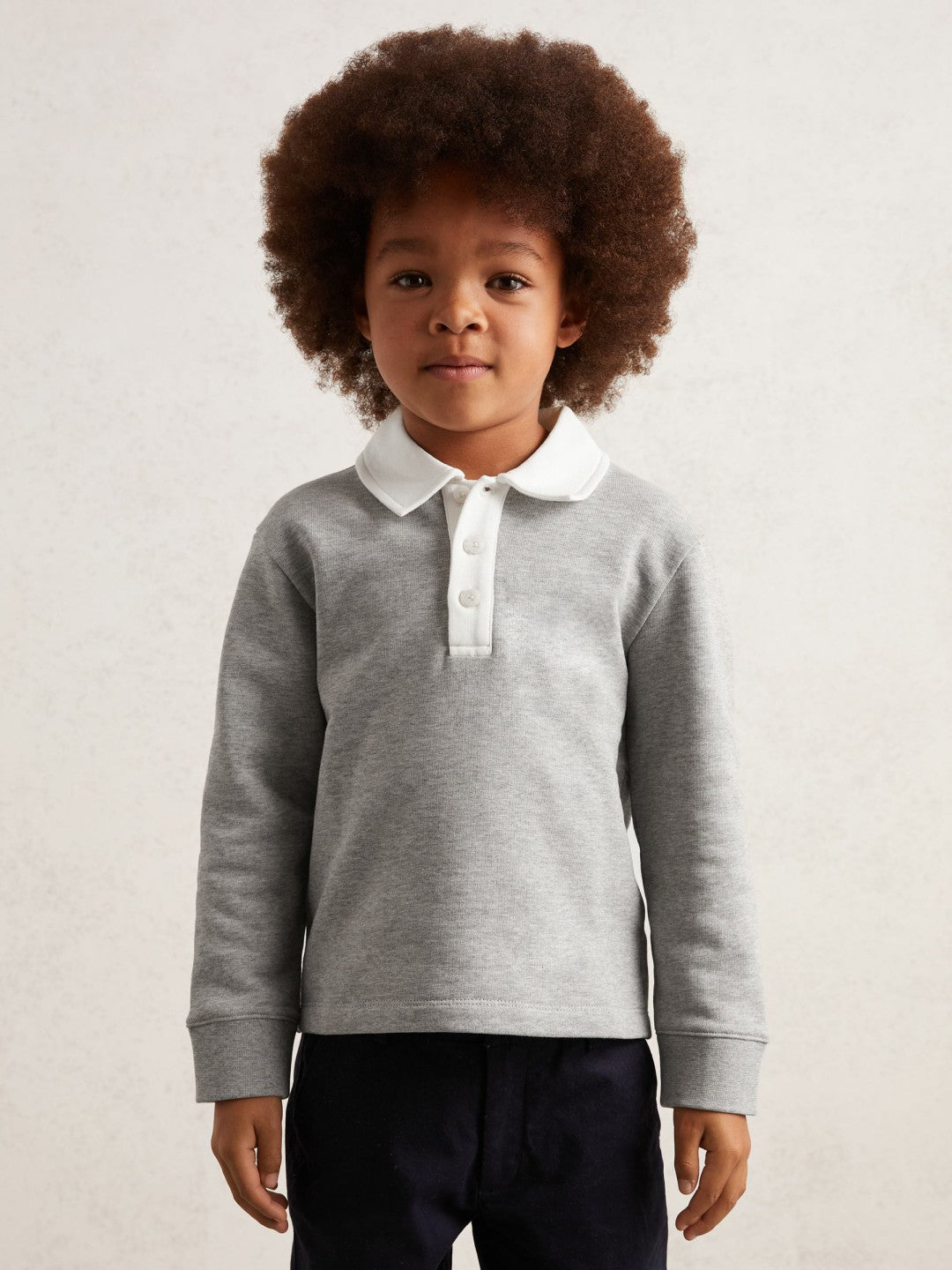 Cotton Half-Button Rugby Polo Shirt in Grey Marl/White