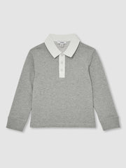 Cotton Half-Button Rugby Polo Shirt in Grey Marl/White