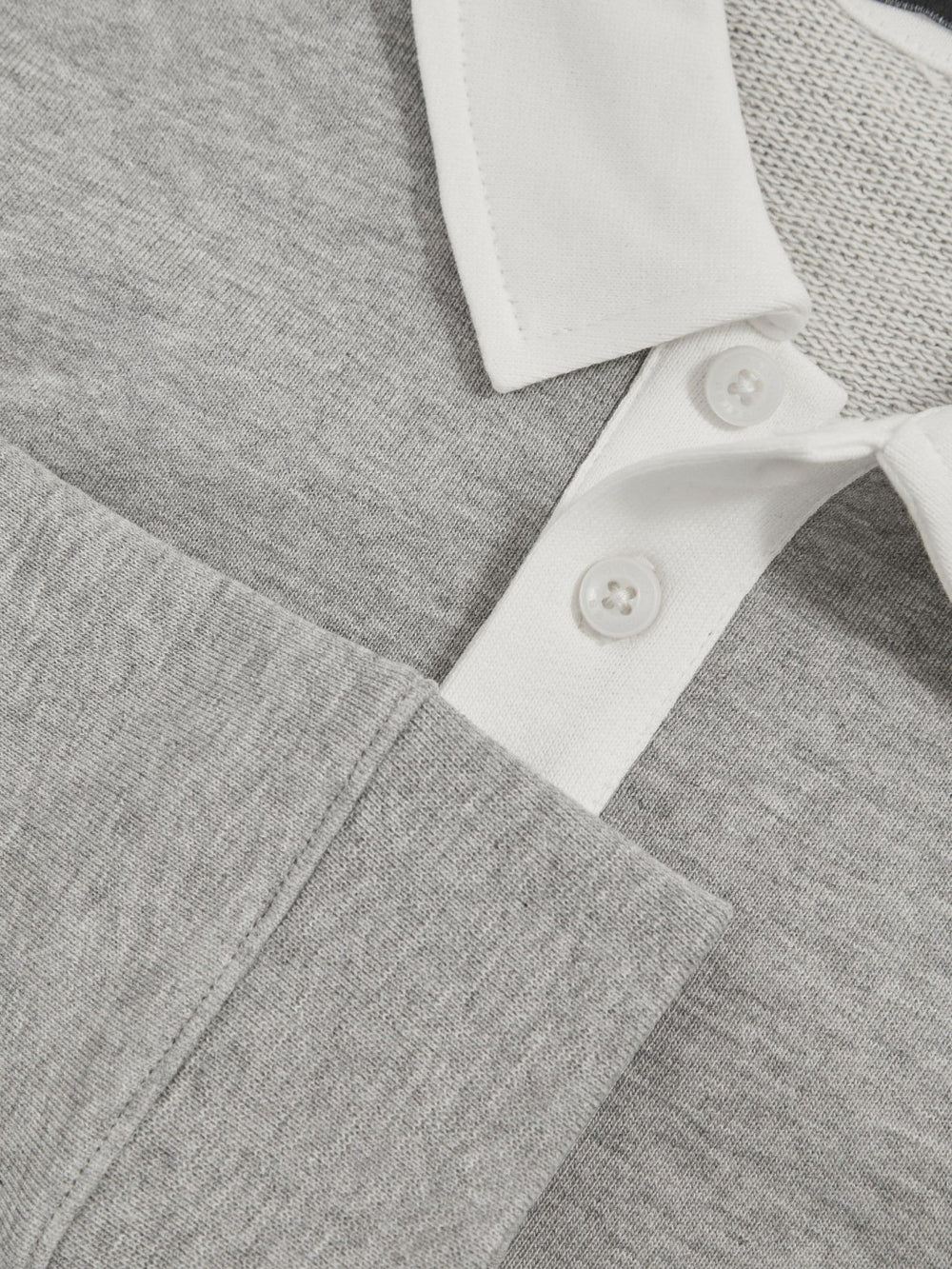 Cotton Half-Button Rugby Polo Shirt in Grey Marl/White