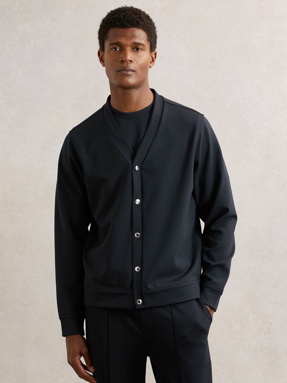 V-Neck Interlock Jersey Cardigan in Navy