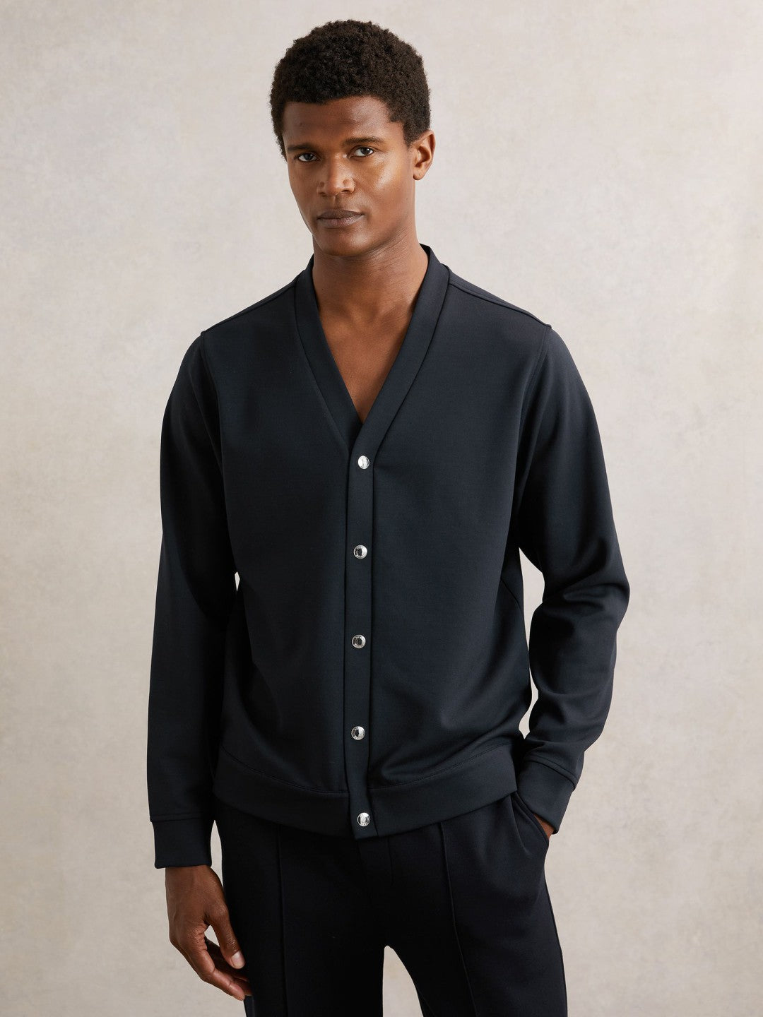 V-Neck Interlock Jersey Cardigan in Navy