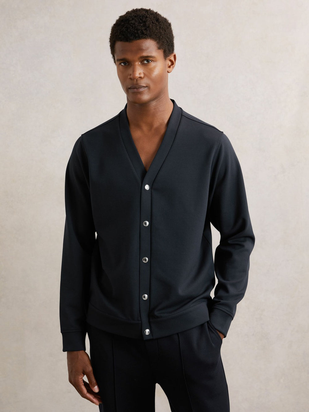 V-Neck Interlock Jersey Cardigan in Navy