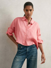 Oversize Linen Cropped Shirt in Pink
