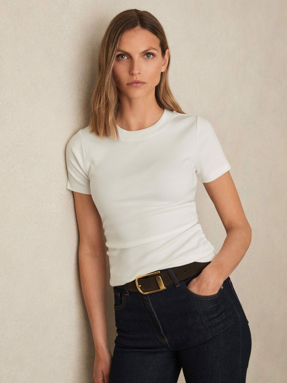 Stretch-Cotton Ruched Ribbed T-Shirt in White