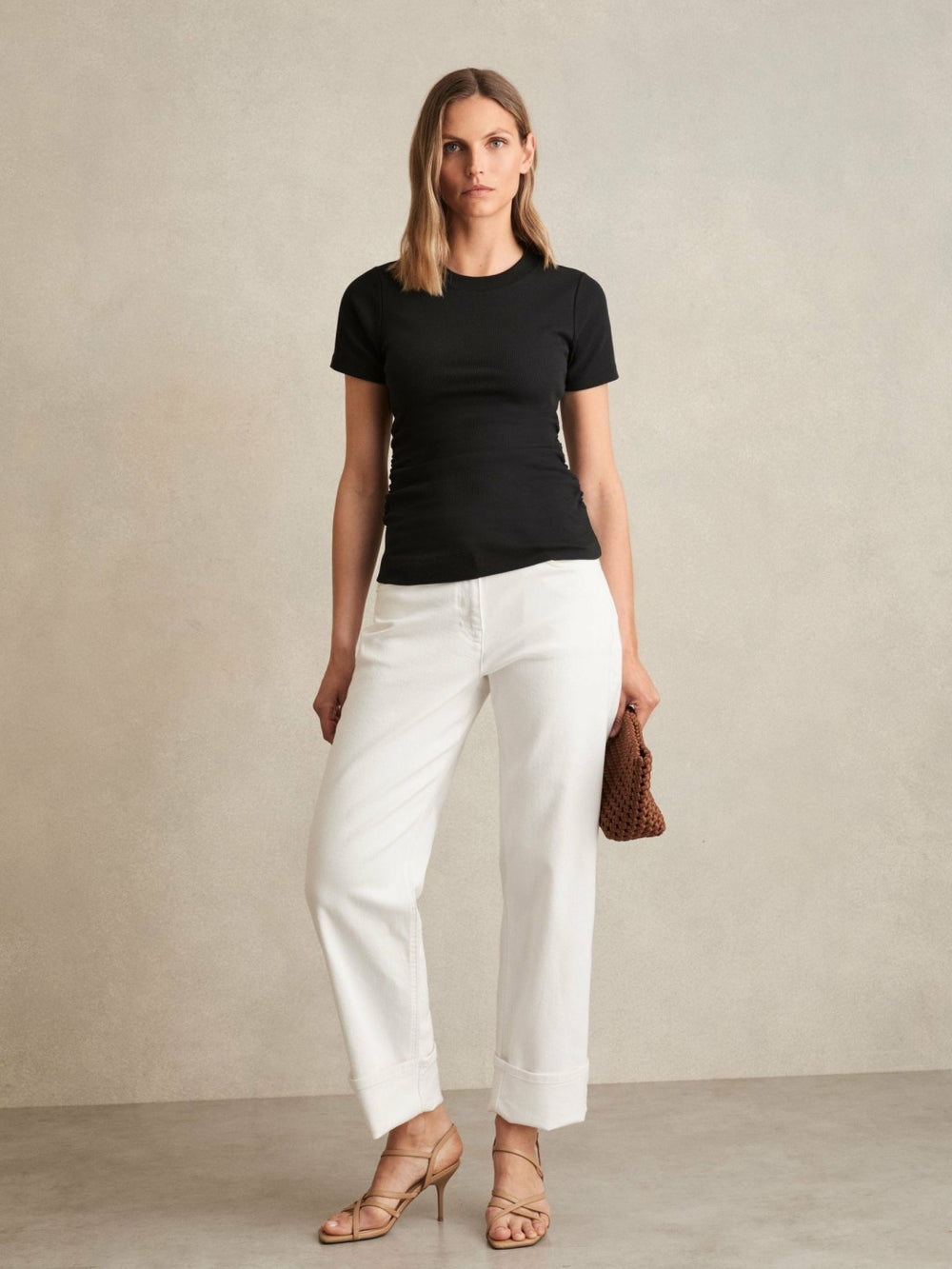 Stretch-Cotton Ruched Ribbed T-Shirt in Black