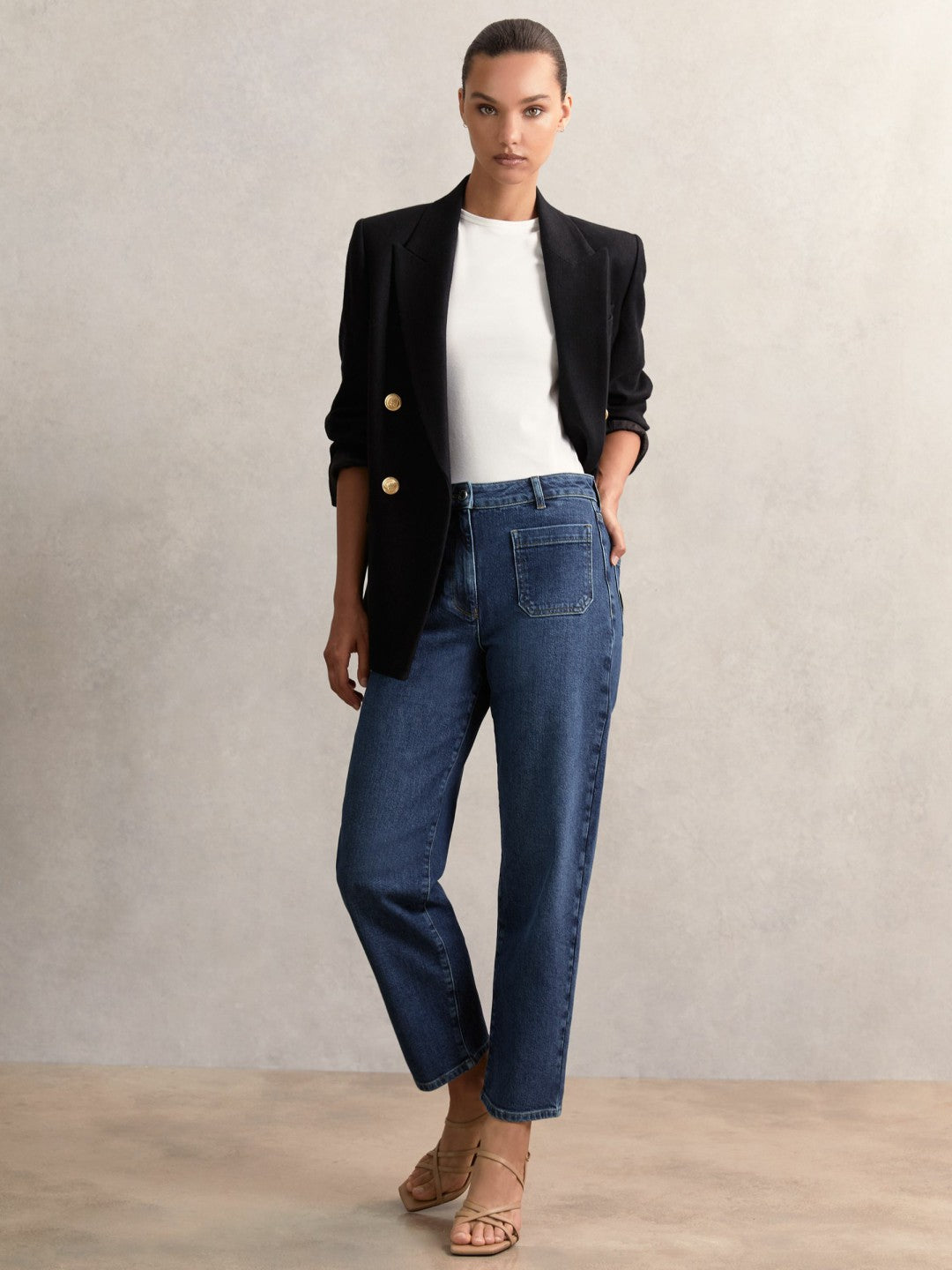 Petite Straight Leg Patch Pocket Jeans in Mid Blue
