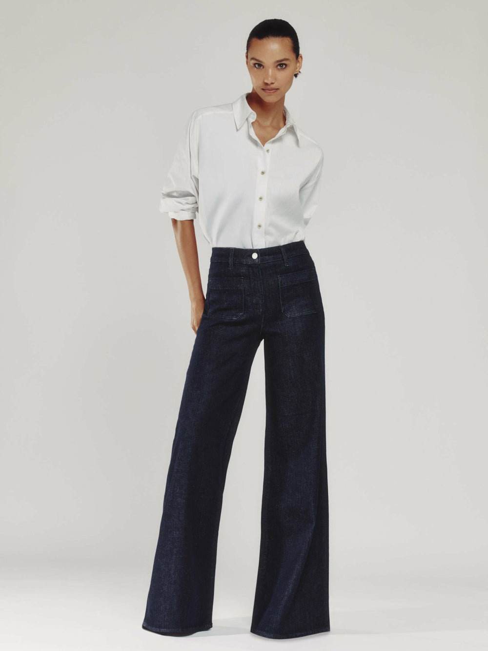 Petite Patch Pocket Wide Leg Jeans in Dark Blue