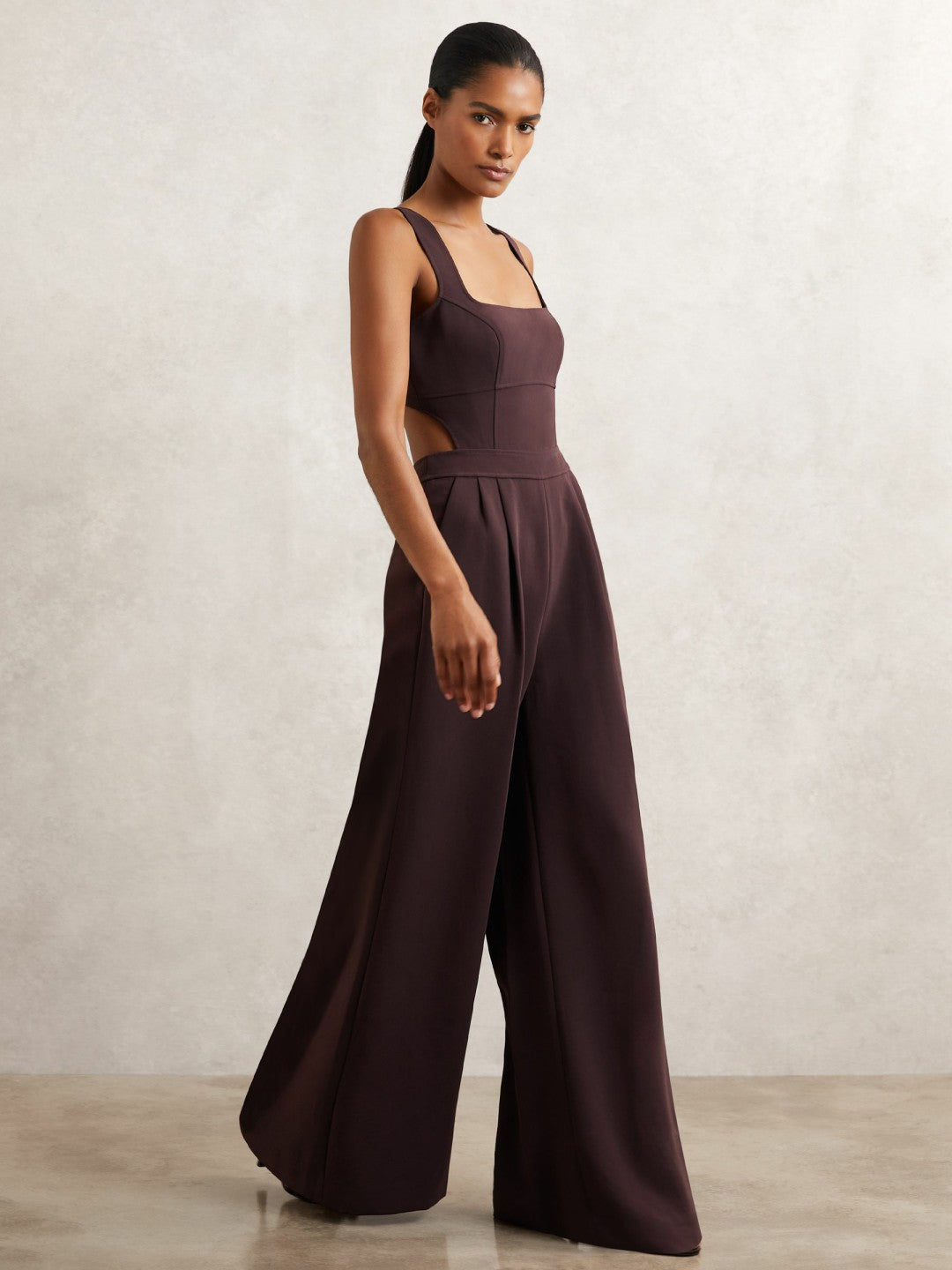 Petite Wide-Leg Cut-Out Jumpsuit in Burgundy