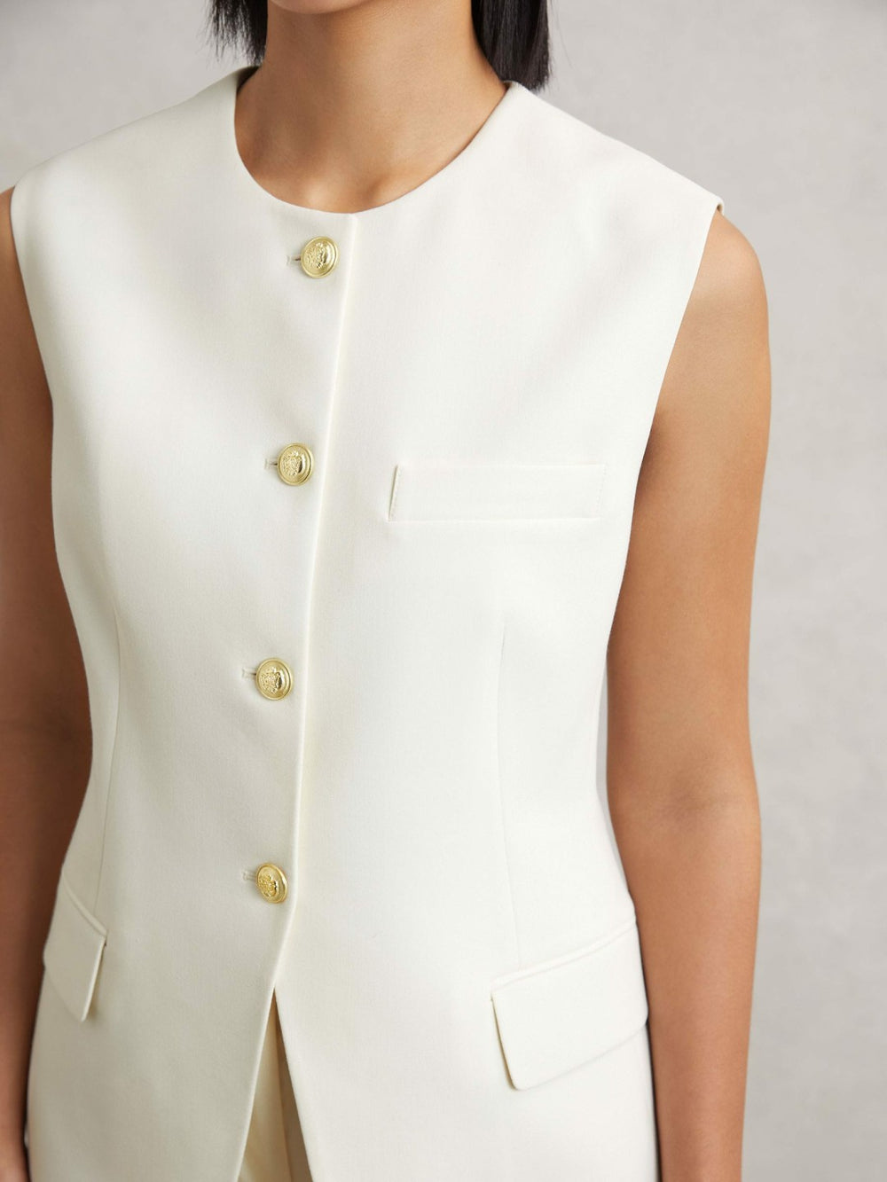 High-Neck Longline Waistcoat in Cream