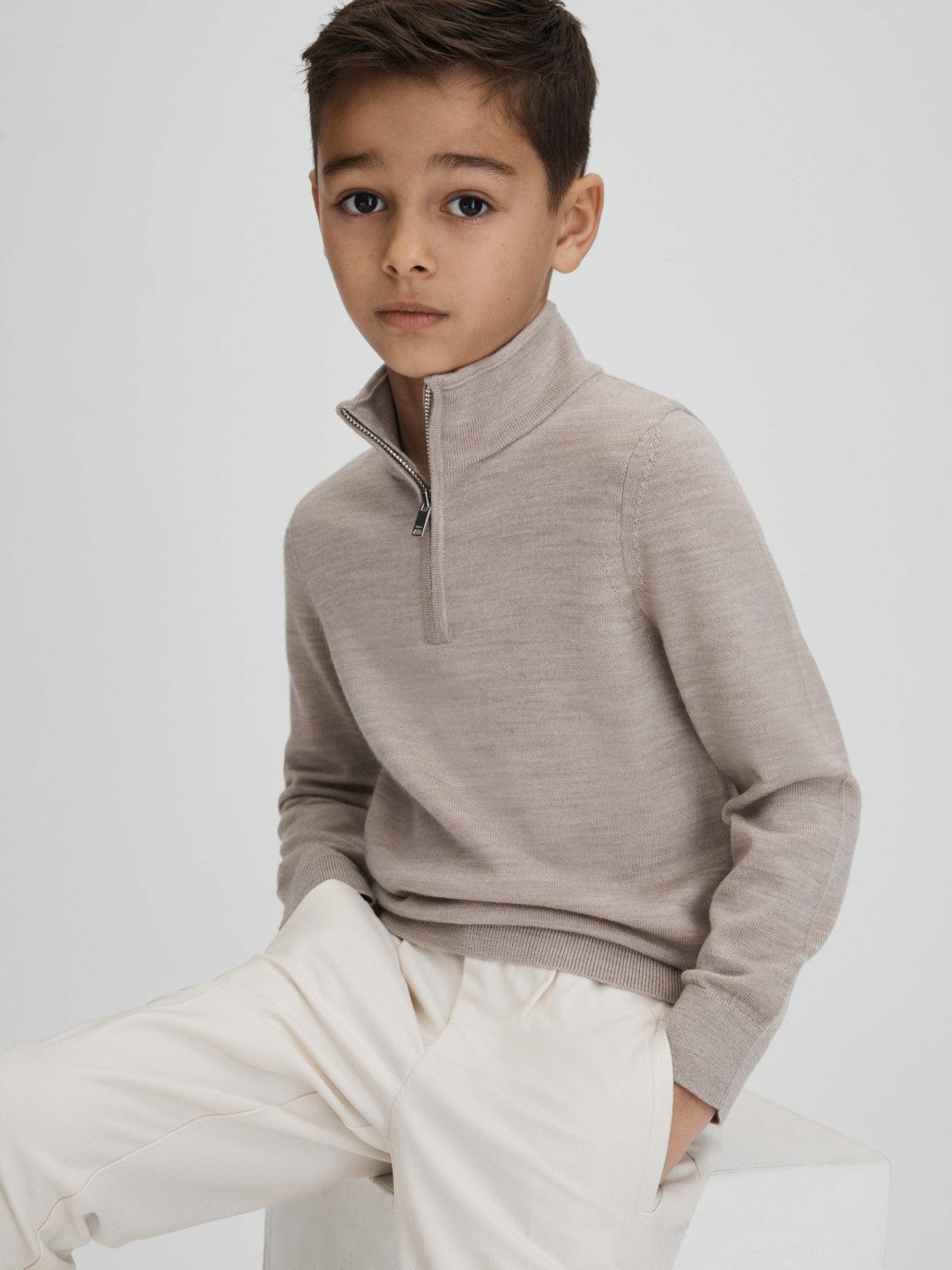 3-9 yrs Wool Half-Zip Funnel Neck Jumper in Wheat Melange