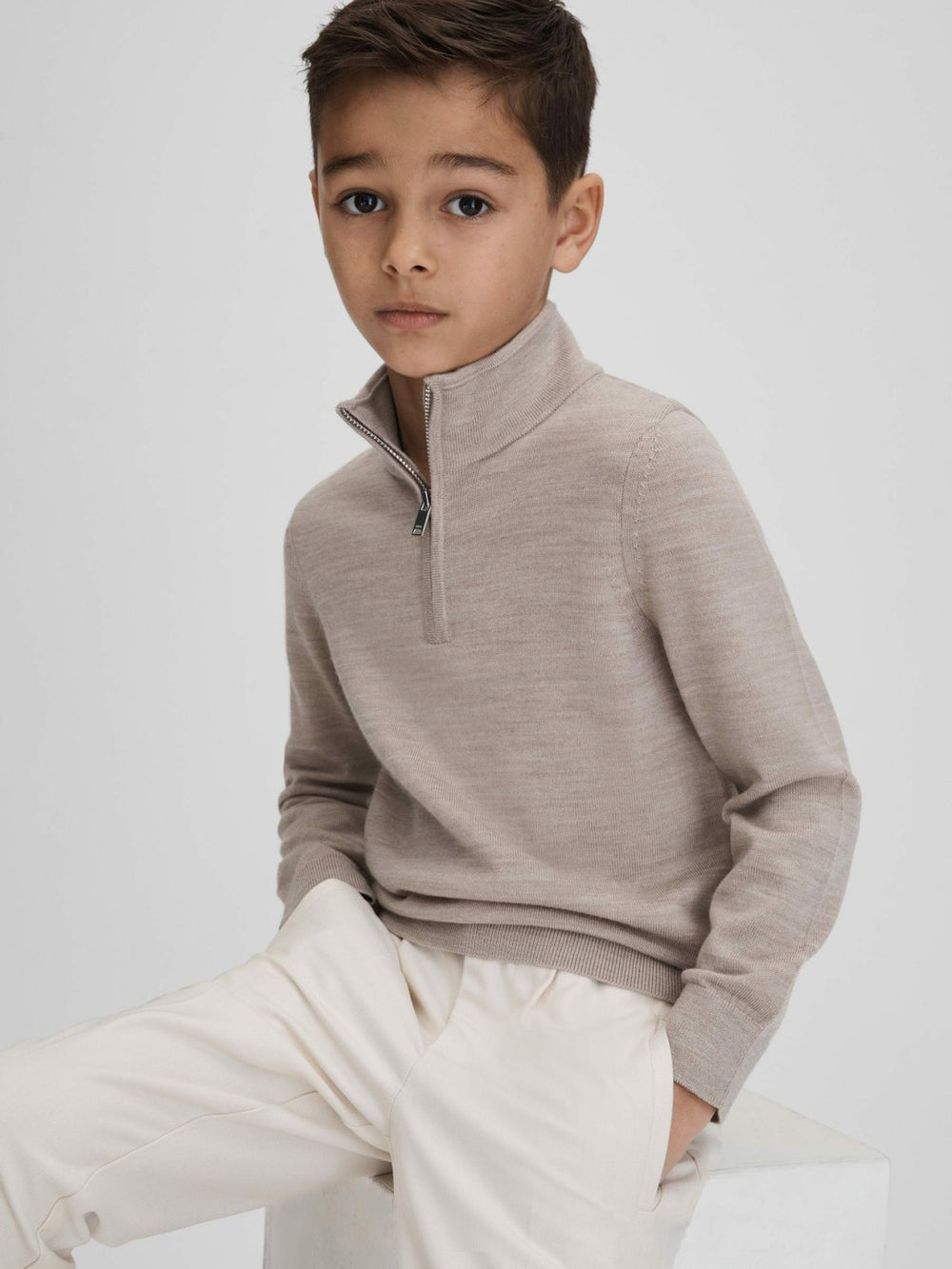 3-9 yrs Wool Half-Zip Funnel Neck Jumper in Wheat Melange