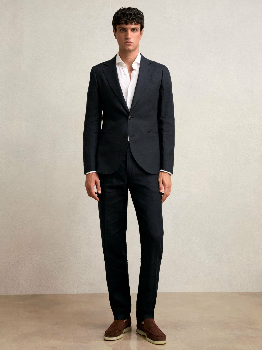Slim Fit Linen Adjuster Trousers in Navy